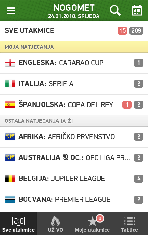 Aplikacija rezultati Kategorija fudbal